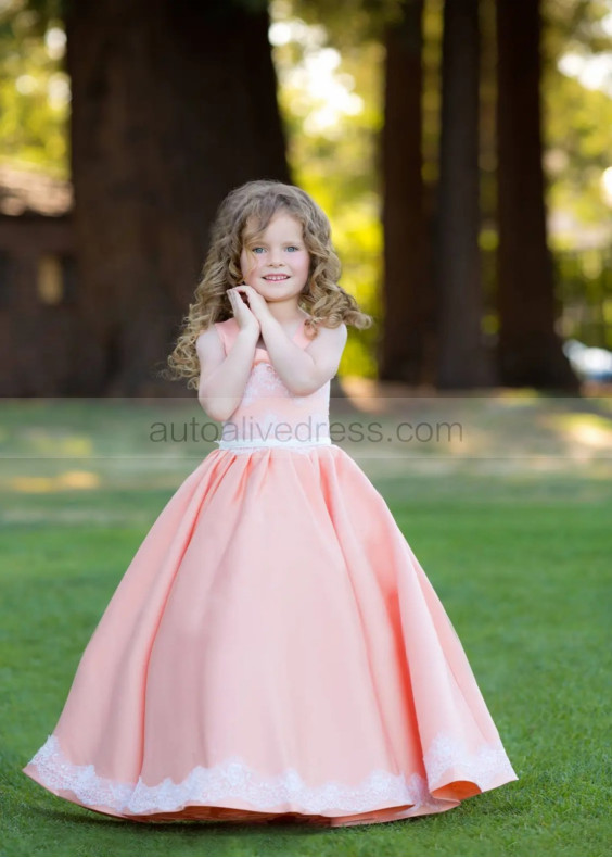 Scoop Neck White Lace Coral Satin Corset Back Flower Girl Dress Scoop Neck White Lace Coral Satin Corset Back Flower Girl Dress